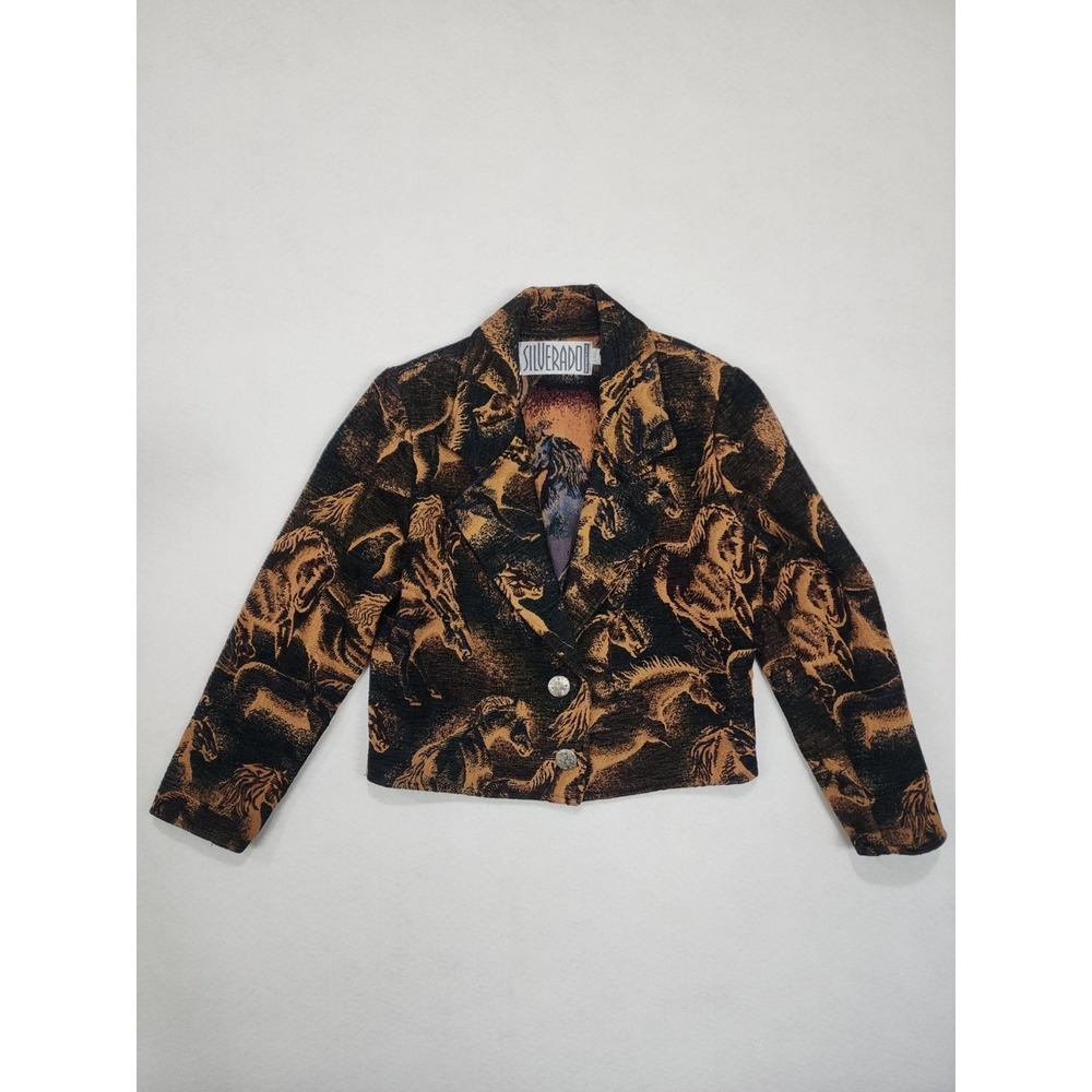 Silverado Western Blazer Jacket Womens XS Tan Black Galloping Horse Notch Lapel